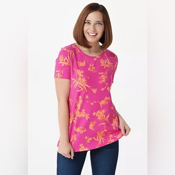 "As Is" Isaac Mizrahi Live! Floral Printed Modal Blend Swing Top Medium - Picture 1 of 9